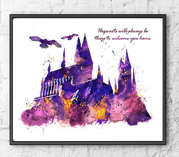 570x499 Hogwarts Watercolor Poster Purple Castle Illustration, Hogwarts