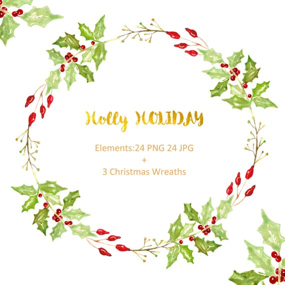 570x570 Holly Holiday Watercolor Clip Art Hand Drawn. Winter Etsy