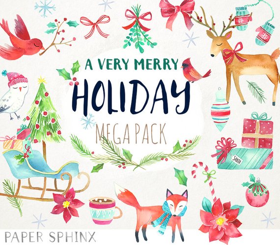 570x499 Watercolor Christmas Clipart Holiday Clip Art Fox Etsy