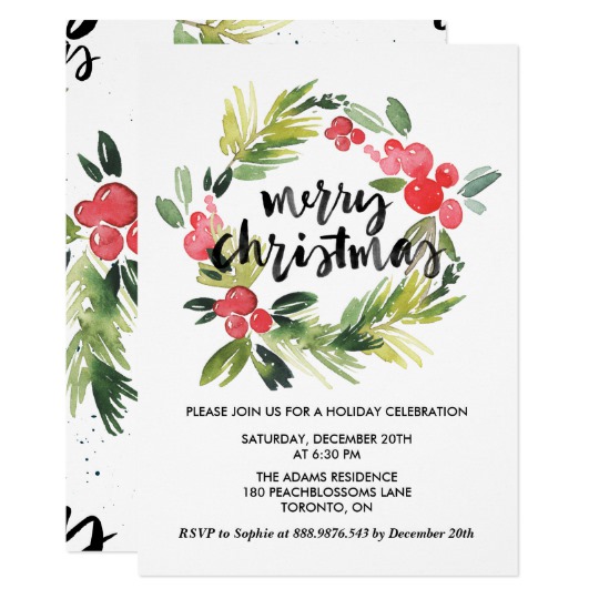 540x540 Watercolor Holly Wreath Merry Holiday Party Invitation