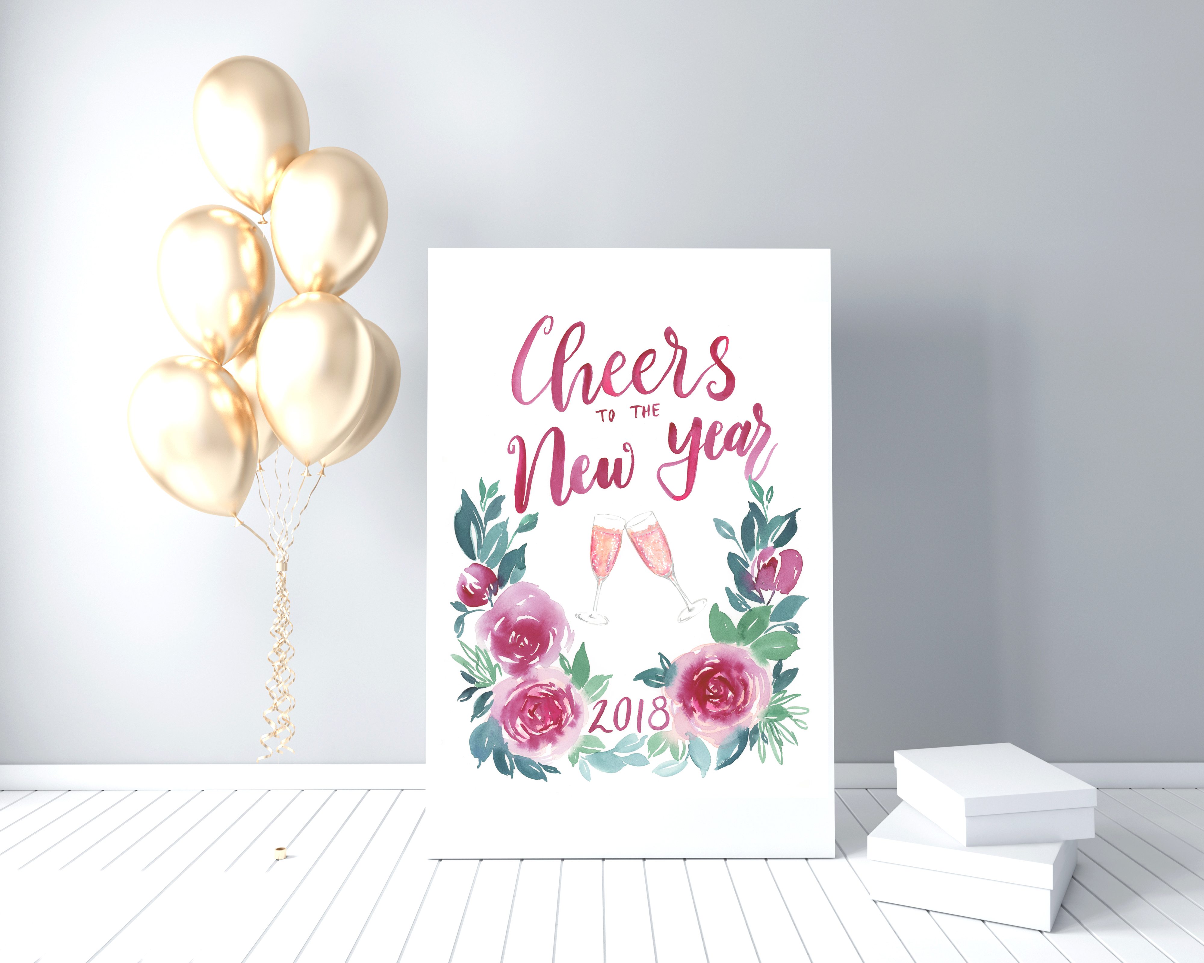 4000x3200 Cheers To The New Year! 2018 Holiday Watercolor Printable