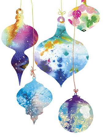 342x450 Christmas Watercolor Ornaments, Holiday Greeting Card By Masha D