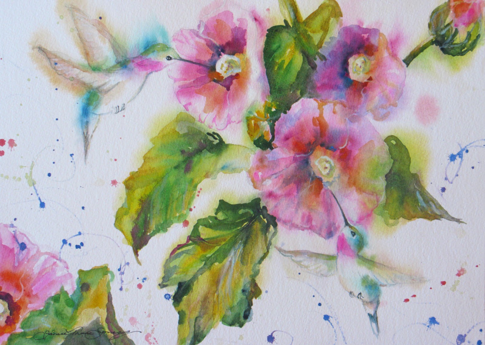 1600x1138 Watercolor Artists International Hummingbird Hollyhock Assault Ii