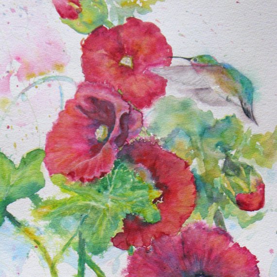 570x569 Hummingbird Hollyhock Watercolor Painting Original Flower Etsy