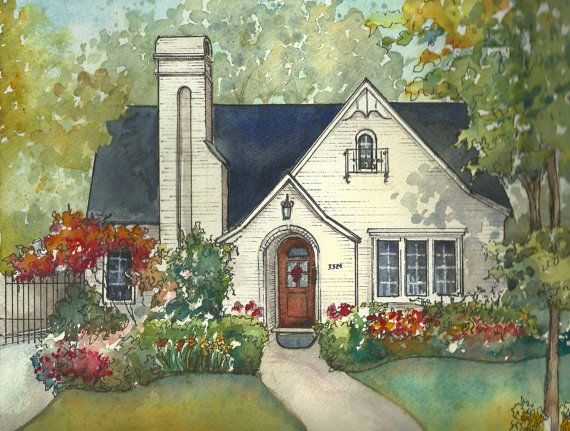 570x431 House Painting In Watercolor With Ink Details, Custom Portrait Of