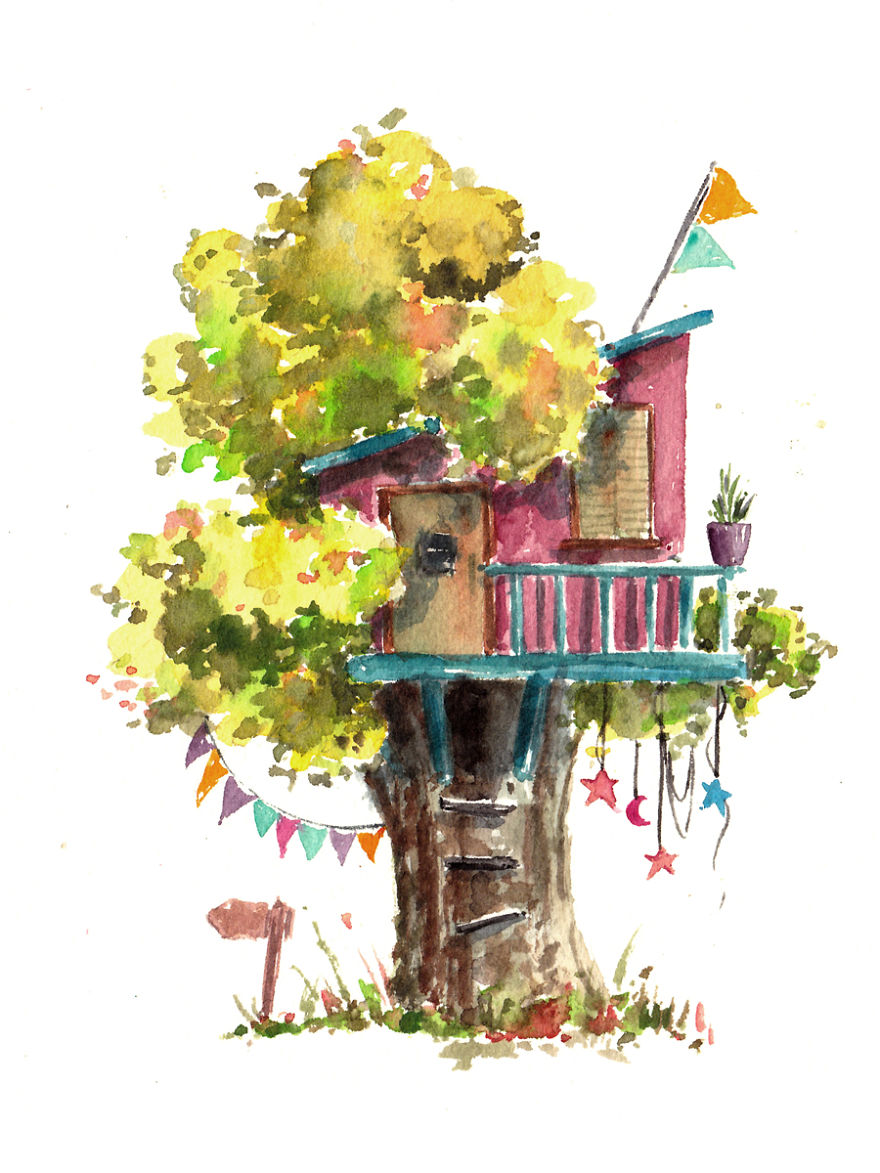 880x1173 I Use Watercolours To Paint Whimsical Tree Houses Bored Panda