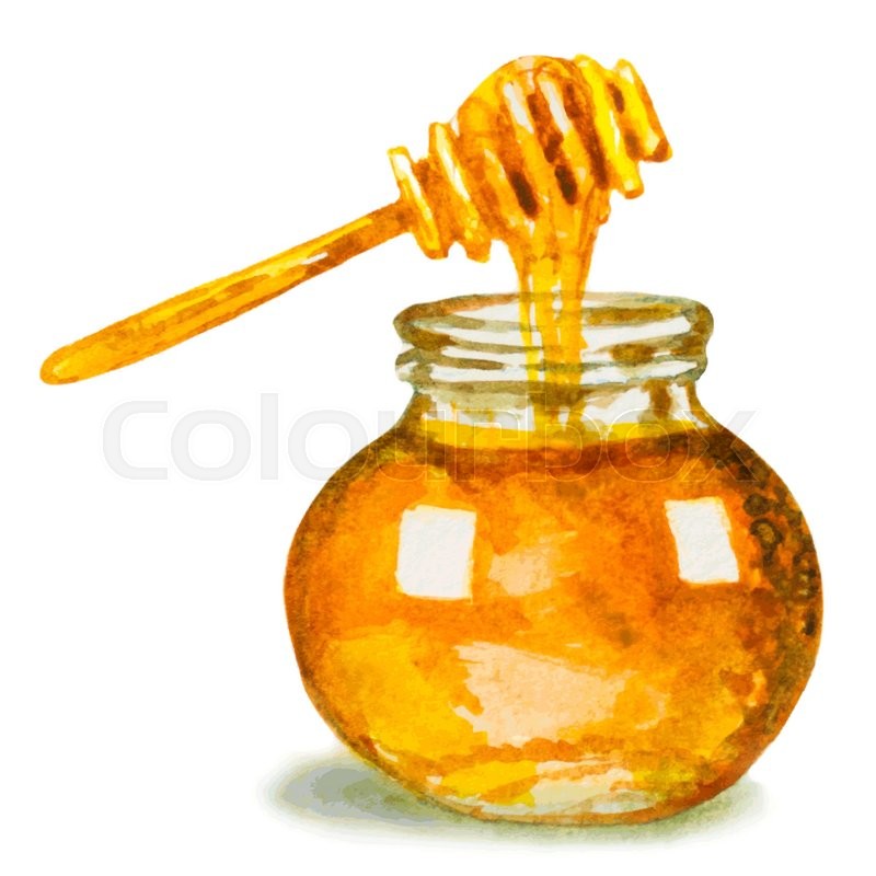 800x800 Honey In Glass Jar And A Dipper. Watercolor Vector Illustration