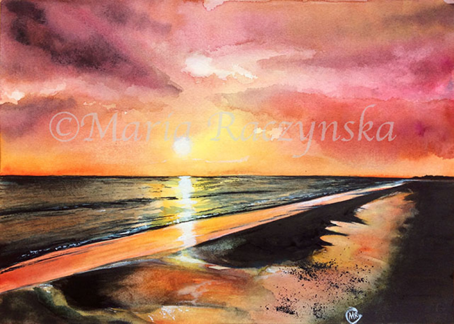 895x640 Watercolor Pink Beach Original Painting 5x7