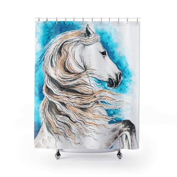 600x600 Andalusian Horse Watercolor Stallion Art Blue Shower Curtain