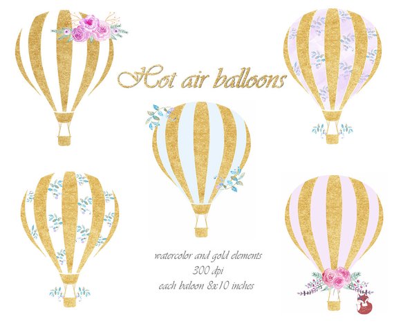 570x474 Gold Hot Air Balloons Clip Art. Watercolor Elements. Digital Etsy