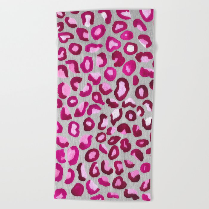 700x700 Hot Pink Watercolor Leopard Print On Grey Wood Beach Towel By