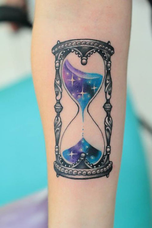500x750 Blue And Purple Sand Inside Hourglass Tattoo