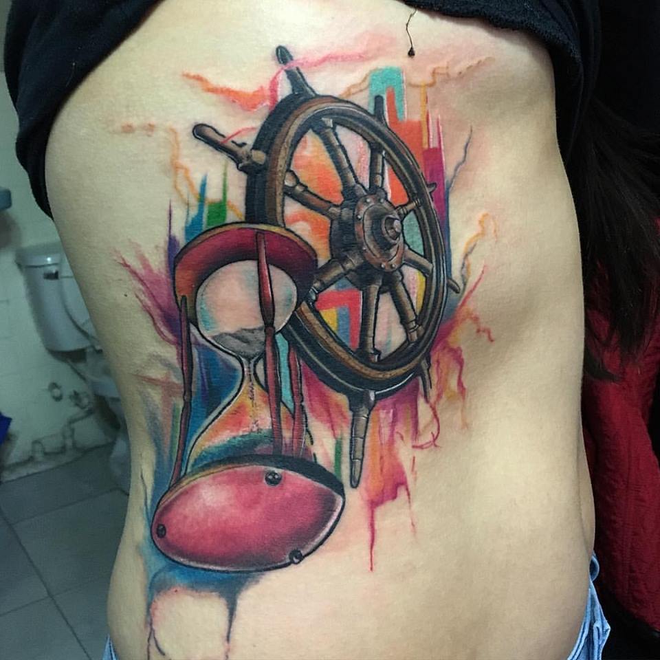 960x960 Watercolor Hourglass And Sailor Wheel Tattoo On Side Rib