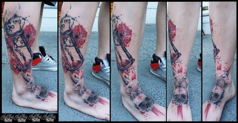 800x414 Watercolor Tattoo Of Clock, Hourglass, Poppies And Skull