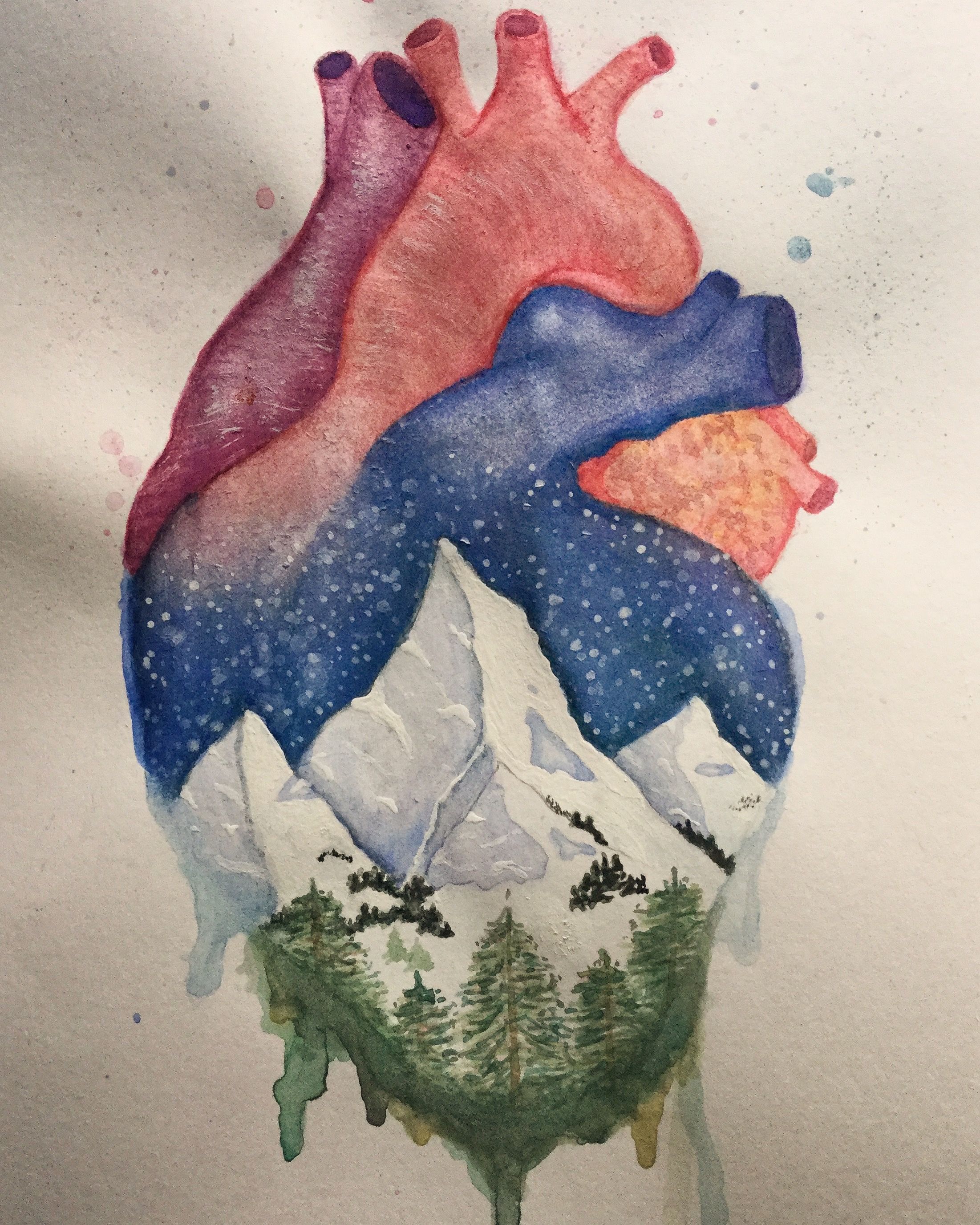 2202x2752 Anatomical Heart And Winter Mountain Landscape Watercolor Painting