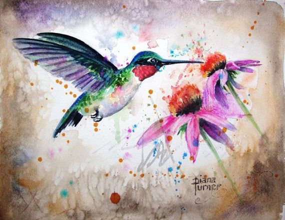 570x440 Ruby Throated Watercolor Hummingbird, Original Watercolor Giclee