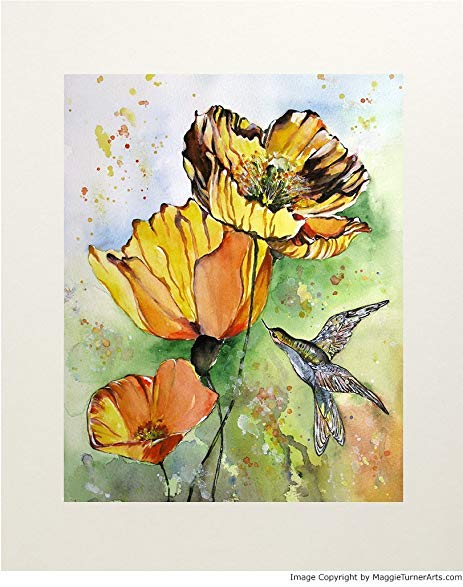 463x587 Golden Poppy Hummingbird Watercolor Painting Wall Art