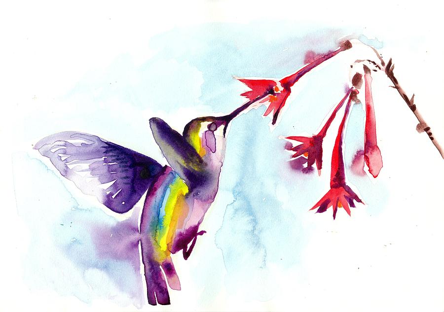 900x633 Hummingbird In Red Flowers Watercolor Painting By Tiberiu Soos