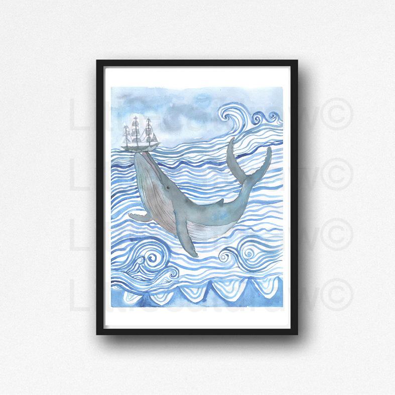 787x787 Buy Humpback Whale With A Boat Watercolor Painting Print
