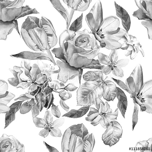 500x500 Monochrome Seamless Pattern With Spring Flowers. Rose. Tulip