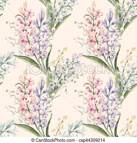 450x470 Watercolor Vector Hyacinth Pattern. Watercolor Vector Spring