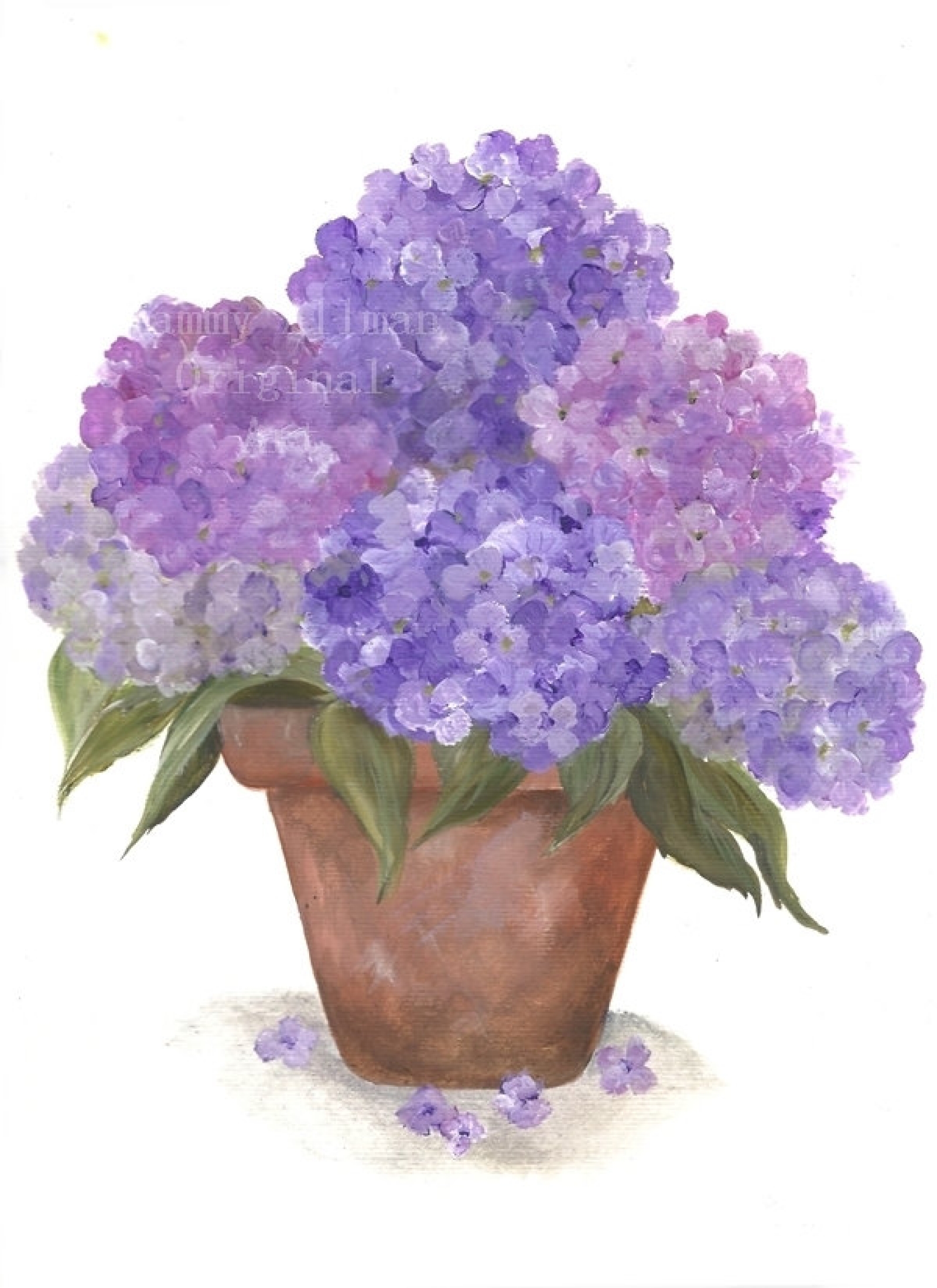 1600x2200 Original Watercolor Clay Pot Series, Purple Hydrangea Original