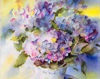 340x270 Blue Hydrangea Watercolor Painting Print By Connietownsart