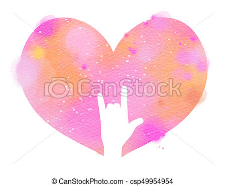 450x370 I Love You Hand Sign In Pink Watercolor Heart. Digital Art Painting.