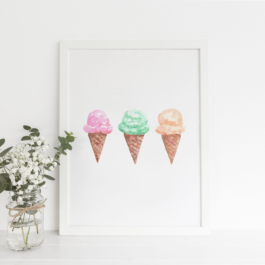 1024x1024 Watercolor Ice Cream Cone Trio Wall Art Digital Print Jetty Home