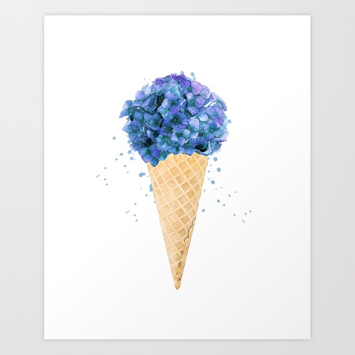 700x700 Hydrangea Flower Ice Cream Cone Watercolor Art Print By