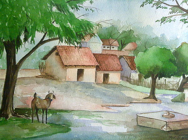 600x449 Indian Village Painting By Mueen Akhtar