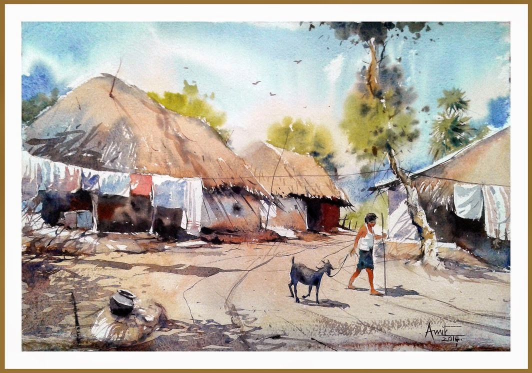1064x746 Indian Village Watercolor Landscape Paintings Paintings By Amit