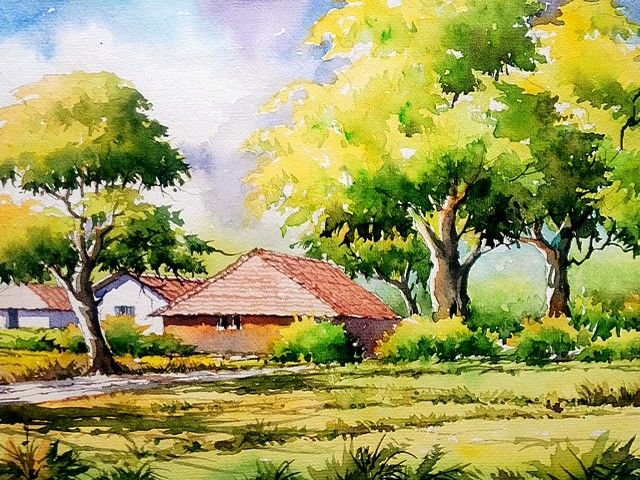 640x480 A South Indian Village Houses..watercilor Beautiful Watercolors