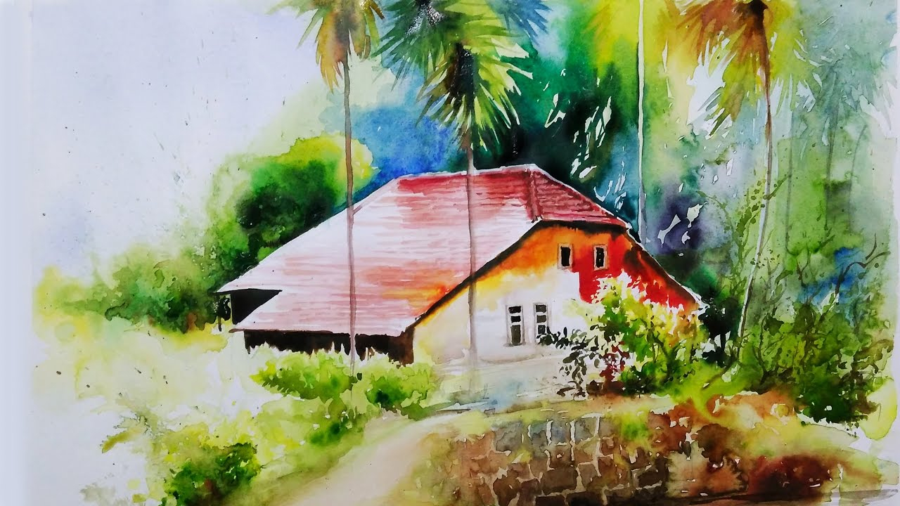 1280x720 Indian Village Watercolor Landscape Paintings Watercolor Painting