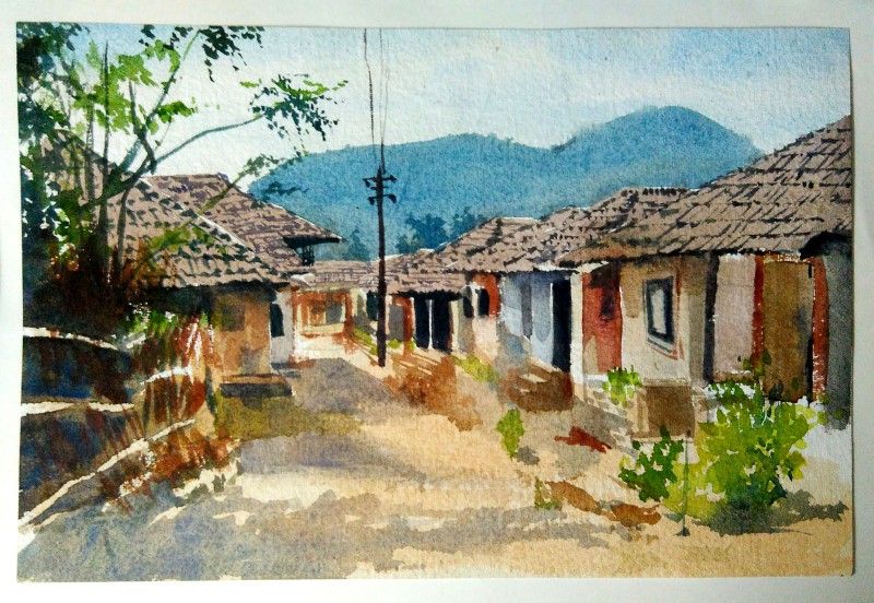 800x552 Indian Village By Artist Akash Chavan Watercolor Paintings