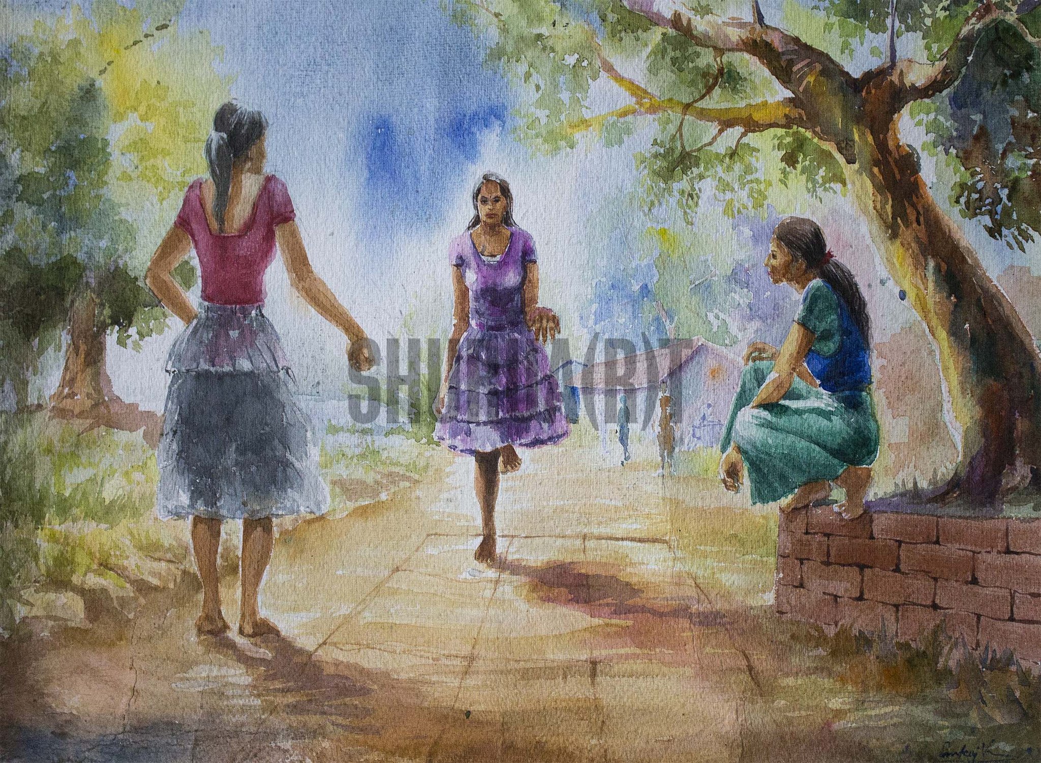 2048x1502 Painting Of Young Girls Playing In An Indian Village Shurua(R)t