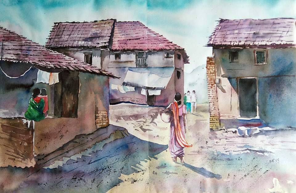 960x624 Satya Watercolor Painting, Indian Watercolor Landscape Painting