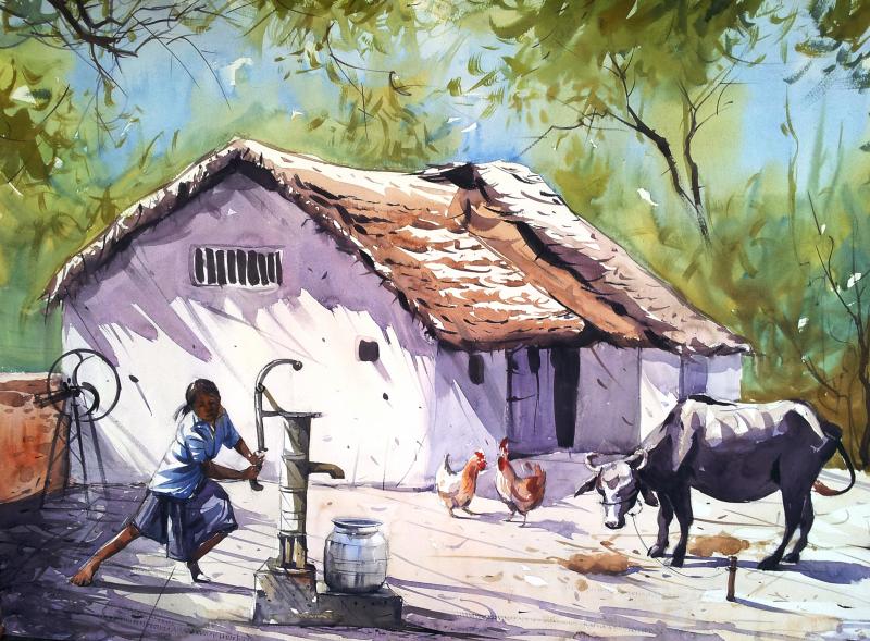 800x589 Village House By Artist Amit Kapoor Landscape Art Watercolor