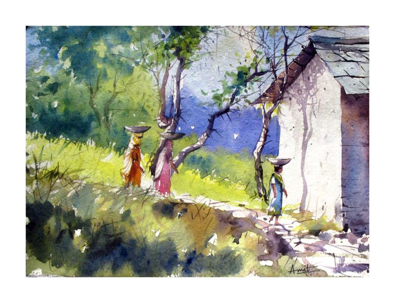 800x613 Village Women By Artist Amit Kapoor Landscape Art Watercolor
