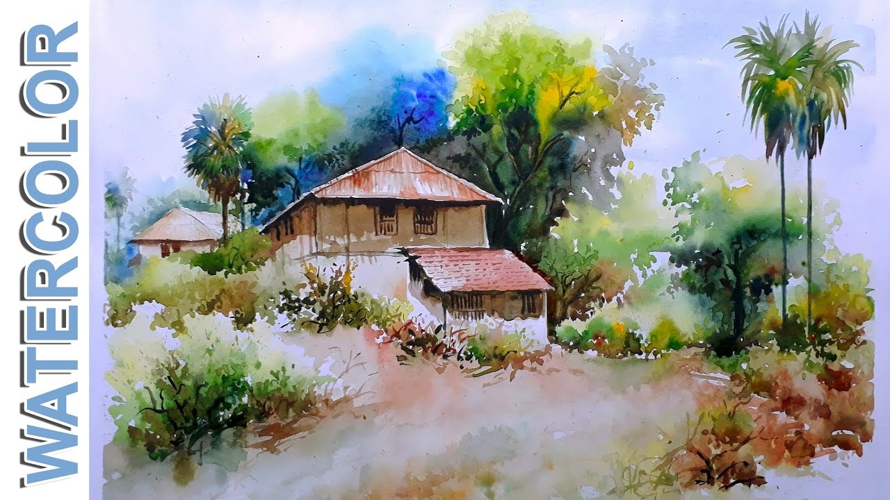 1280x720 Indian Village Watercolor Landscape Paintings Watercolor Painting