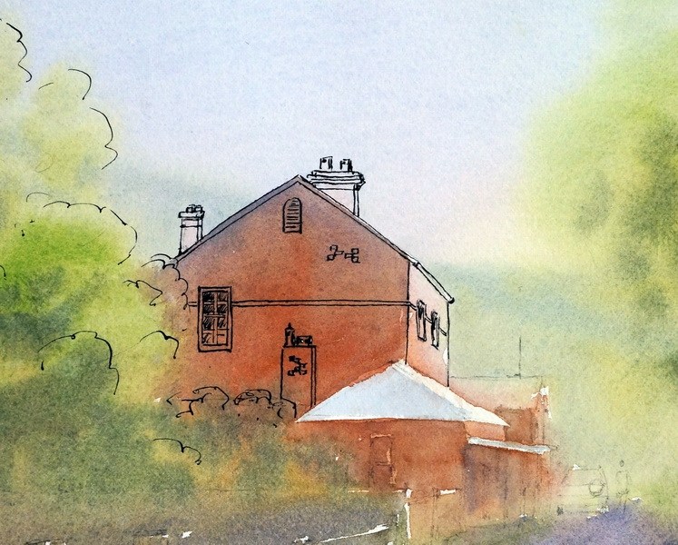 747x600 Ink Over Watercolor Wash Drawing