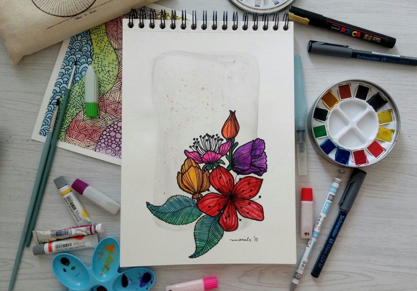 1338x934 The Escape Of The Floral Salad. Ink Over Watercolour.