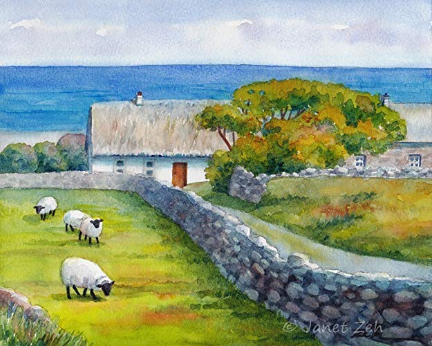 625x500 Original Watercolor Ireland Thatched Cottage Landscape