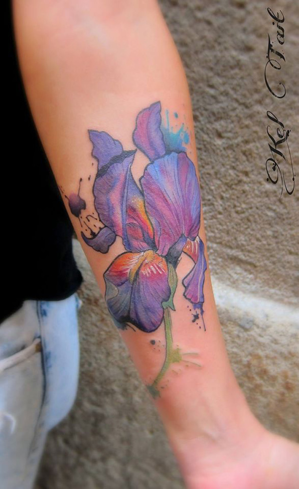 600x981 Beautiful Iris Watercolor Tattoo On Forearm