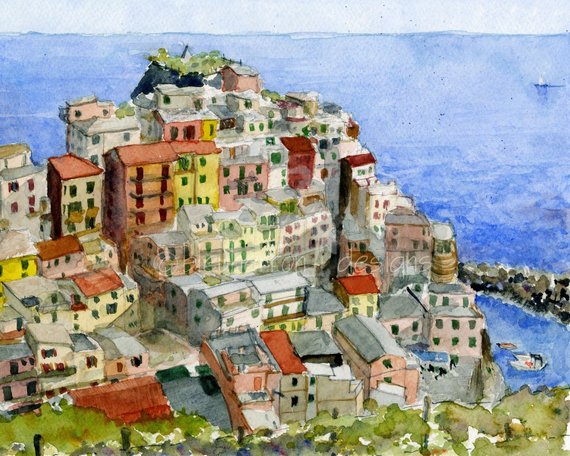 570x456 Italy Watercolor Painting Cinque Terre Manarola Art Print Etsy