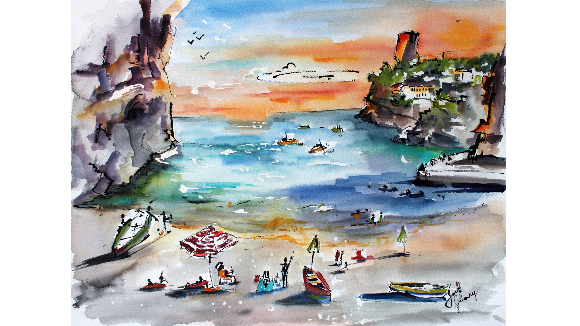 1920x1080 Amalfi Coast Italy Watercolors And Ink Painting By Ginette Fine Art