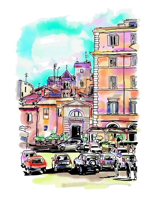 586x800 Original Freehand Watercolor Travel Card From Rome Italy, Old