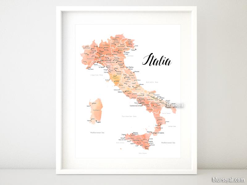 800x600 Printable Map Of Italy, With Cities, In Rose Gold Watercolor