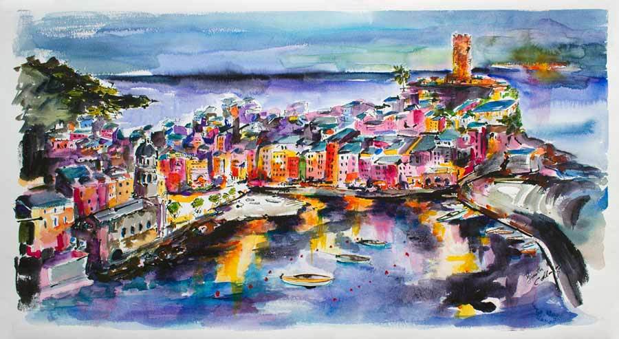 900x493 Vernazza Twilight Italy Cinque Terre Large Watercolor Painting