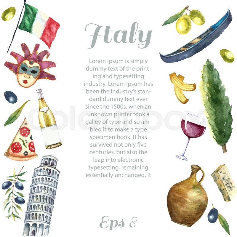 800x800 Watercolor Italy Landmark Frame. Hand Draw Card Background With